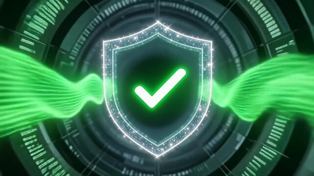 Sparkling digital shield avatar verify green secure protection technology icon conveying safe identity concept background feeling