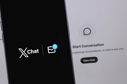 XChat logo mobile app on a screen smartphone iPhone. X Chat is a new messenger from Elon Musk, integrated into the X. Batumi, Georgia - March 16, 2026