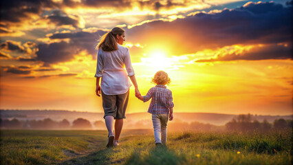 Fototapeta premium Mother and Child Walking in Field