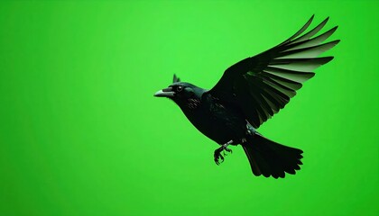 Fototapeta premium Black Crow Flying with Spread Wing Against Bright Green Background