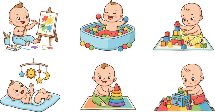 Cute Baby Activity Vector Set with Playful and Educational Scenes, Cartoon Infants Painting, Playing, Stacking Toys, and Having Fun in Ball Pit for Kids Designs.