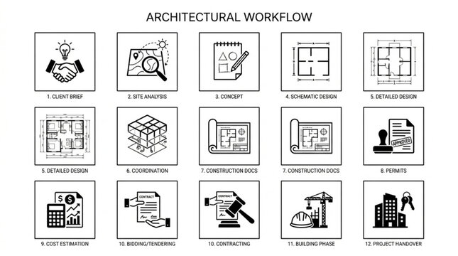 Architectural Workflow Icons Representing Design Process Stages.