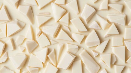Obraz premium Overhead of scattered irregular white chocolate pieces on a creamy background, forming a sweet, textured pattern. Indulgent dessert. ,Confectionery ,Delicious