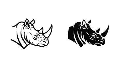 Rhino head side profile mascot icon set with bold line art and solid black silhouette © Bengal