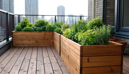 Obraz premium Urban rooftop garden with wooden planters and green plants overlooking city skyline for sustainable living and green architecture eco friendly