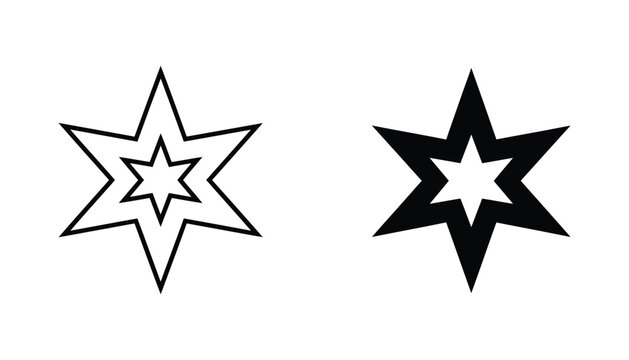 Geometric six-pointed star emblem with inner star cutout in outline and solid black silhouette style for celestial branding or festive graphic design vector illustration