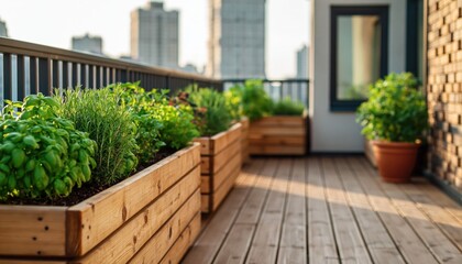 Naklejka premium Urban rooftop garden with wooden planters and vibrant green herbs against city skyline backdrop sustainable living eco friendly healthy lifestyle
