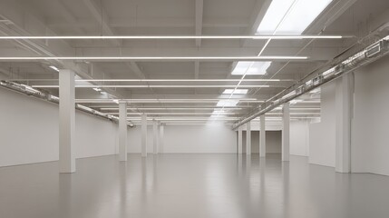 Naklejka premium Spacious minimalist interior of a large empty industrial hall or modern warehouse with smooth white walls, tall columns, and a polished concrete floor under rows of bright strip lighting