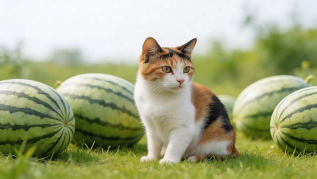 Calico cat sitting with watermelons