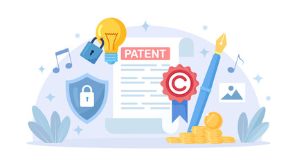 Obraz premium Patent Law and Legislation. Patented Rights for Authorship, Creation of Mental Products. Copyright Infringement. Intellectual Property and Brand Patent Protection. Trademark Policies and Regulations