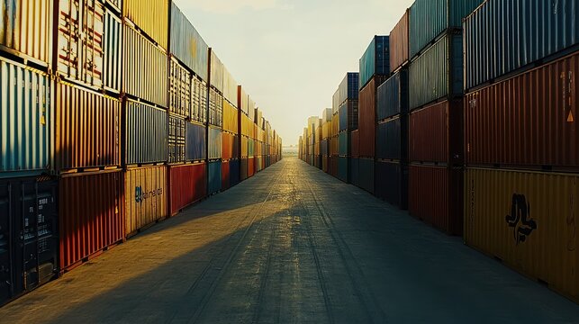 Shipping containers stacked high at a busy logistics port, creating a long corridor and emphasizing global trade, freight transportation, and ocean cargo storage