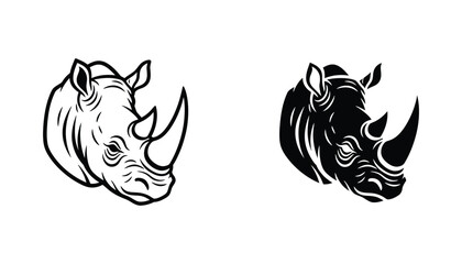 Detailed rhinoceros head icon set featuring wild animal portrait in line art and solid black silhouette styles for conservation branding and wildlife graphic design © Bengal