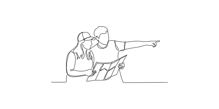 Continuous line drawing of a man and woman in casual clothing looking at a map and pointing