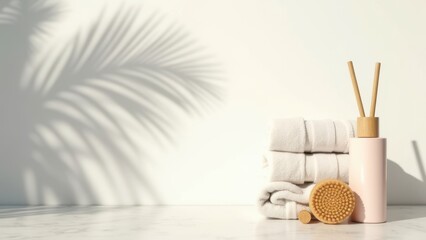 Obraz premium clean bathroom background with palm shadow towels and bamboo brushes beauty product mockup