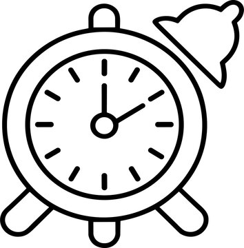 Minimalist black alarm clock outline vector icon, traditional timepiece silhouette, punctuality reminder illustration, wake‑up design for commercial stock use