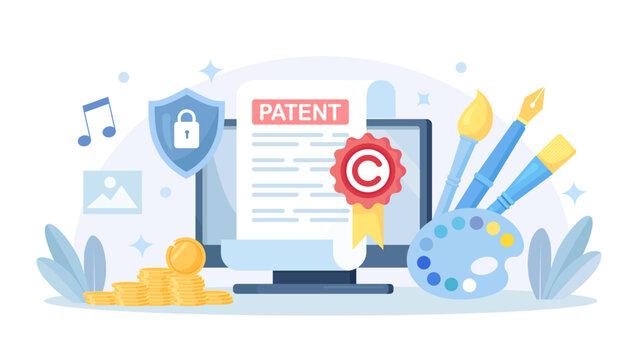 Patent Law Document on Screen. Protection Rights to Authorship and Creation of Intellectual Products. Copyright Infringement. Intellectual Property and Brand Patent Protection
