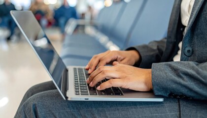 Fototapeta premium Business Traveler Typing on Laptop While Sitting in Airport Waiting Area