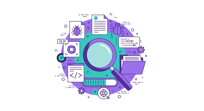 Software Bug Testing and Quality Assurance Concept. Flat Line Illustration for Web Development, Debugging, and IT Code Analysis.