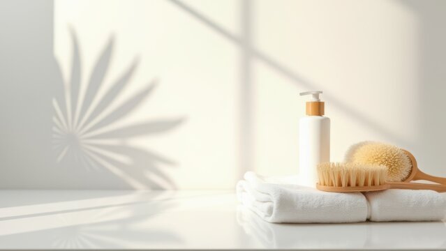 clean bathroom background with palm shadow towels and bamboo brushes beauty product mockup