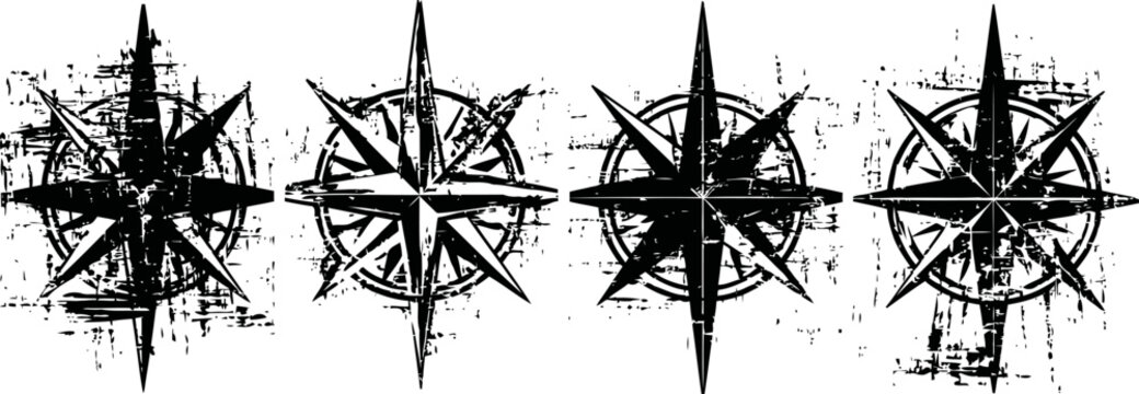 Grunge compass rose set with splatter and distressed vintage nautical design elements
