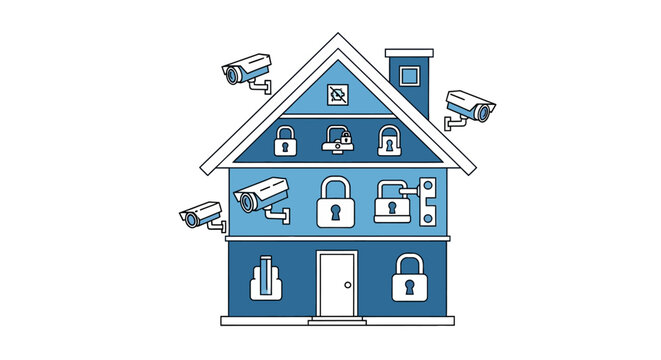 Comprehensive Smart Home Security System Illustration with CCTV Cameras, Padlocks, and Alarm Sensors for Property Protection Concept