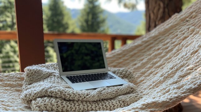 Remote work lifestyle with laptop in hammock amidst nature digital nomad freedom and work-life balance location Independence flexibility leisure