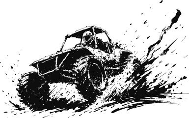 Obraz premium Off road buggy racing through mud splashes, extreme outdoor motorsport action in rugged terrain