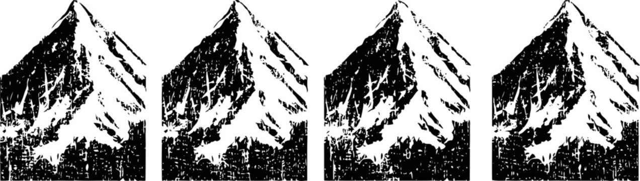 Four monochrome mountain peaks with snow caps and tree silhouettes in black and white
