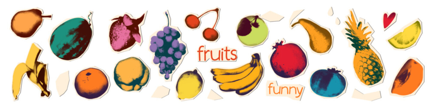 Summer fruits halftone duotone funny colorful elements for collage. Paper cut outs set. Apple, banana, strawberry, blueberry, cherry vintage dot stickers. Modern retro mixed media vector illustration