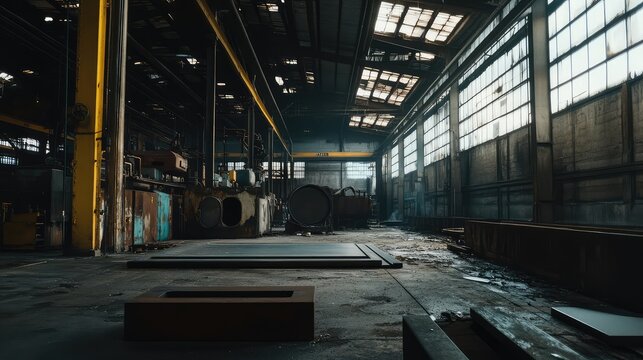 Interior of an abandoned factory facility with rusty machinery, broken windows, and debris on the concrete floor, conveying themes of urban decay and neglect
