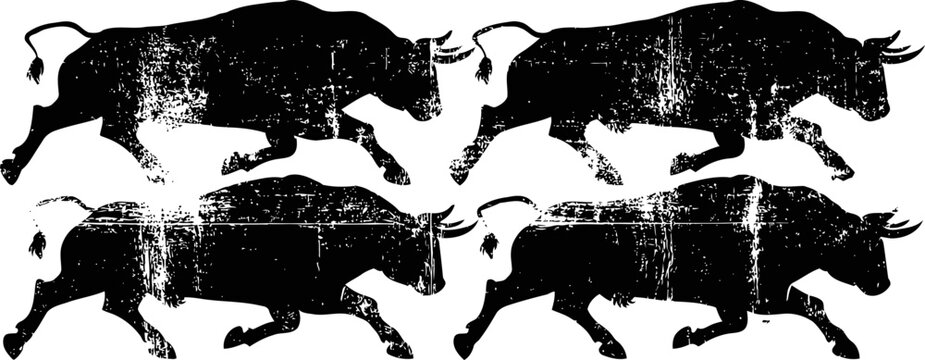 four running black bulls silhouette aggressive cattle charging pose set farm animal mascot design