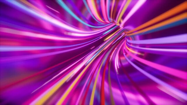 Vivid colorful vortex. Fly through a multicolored purple and pink tunnel with bright glowing beams, 3D rendering, looping video