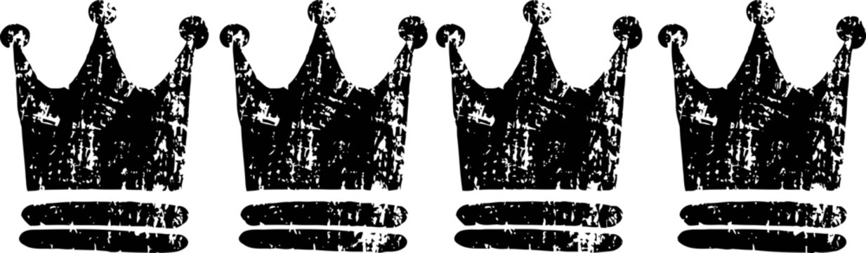 Four distressed black crown silhouettes in a row with rough texture and bold outlines