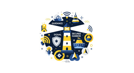 Fototapeta premium Maritime Security and Navigation Technology Illustration - Lighthouse, Guidance, and Secure Harbor Concept