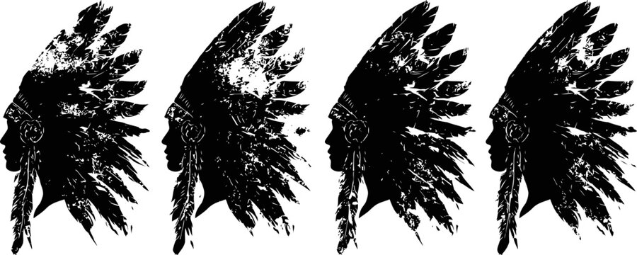 Four black native american chief silhouette profiles with feathered headdresses on white background