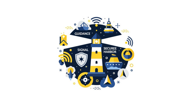 Maritime Security and Navigation Technology Illustration - Lighthouse, Guidance, and Secure Harbor Concept