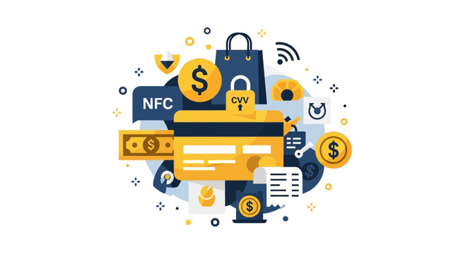 Flat Illustration of Online Payment Concept Featuring Credit Card, Digital Wallet, E-commerce Icons, and Financial Security Elements for Fintech and Banking