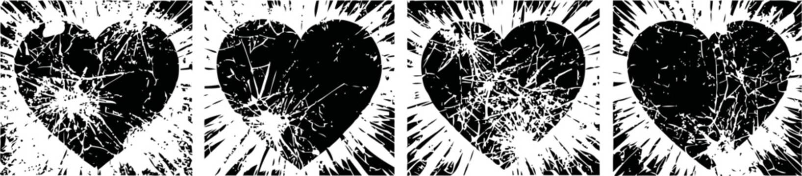 grunge distressed heart shapes with rough textured patterns, splattered and cracked designs