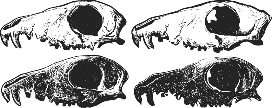 four animal skull illustrations in black and white detailed side views with emphasis on eye sockets and teeth structure