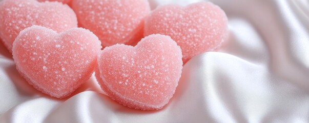 Obraz premium Sweet Love Close-up of charming pink sugar-dusted heart candies elegantly arranged on pristine white satin, embodying romance and delicate affection., Valentine, Sweetheart
