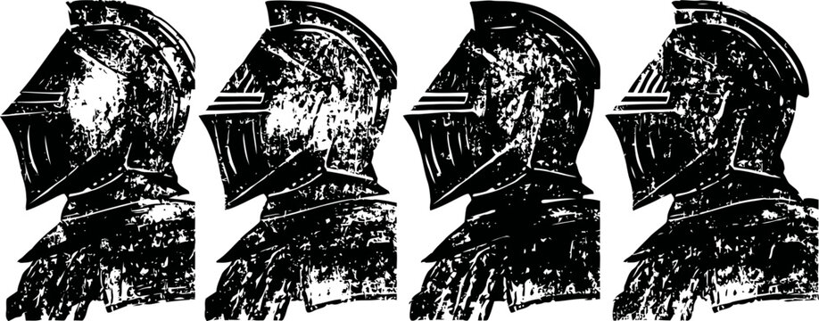 Four medieval knight helmets in vintage black silhouette armor protection, historical warriors, warrior headgear illustration