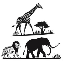 safari animals silhouettes giraffe zebra elephant black and white high quality © bbbb