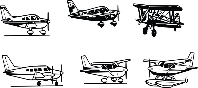 Set of vintage small airplane silhouettes and light aircraft icons including biplane and seaplane designs for travel transportation aviation and flight branding projects