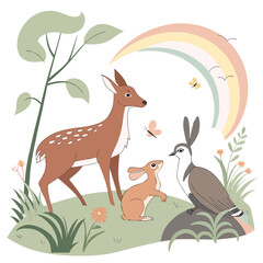 Naklejka premium Deer hare and bird illustration with rainbow and floral elements