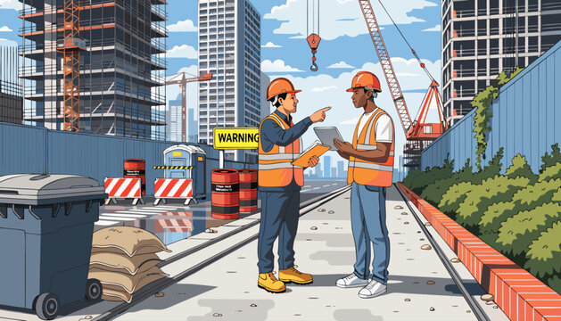 Engineer using laptop with technical drawings, talking with worker at outdoor construction site meeting, back view.