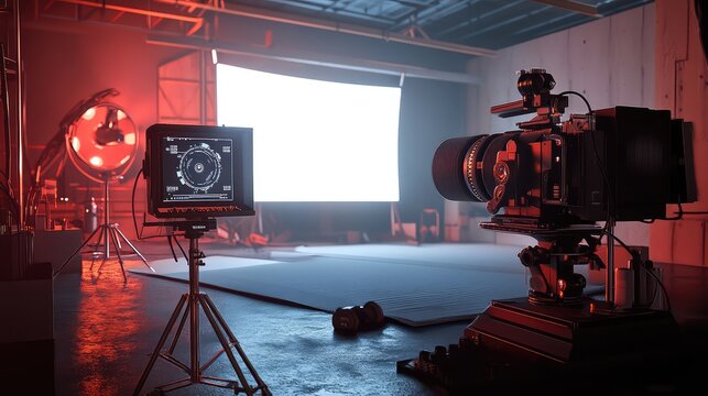 Large format cinema camera on a soundstage, poised before a blank white screen with studio lights and monitor, professional gear ready for film and video production
