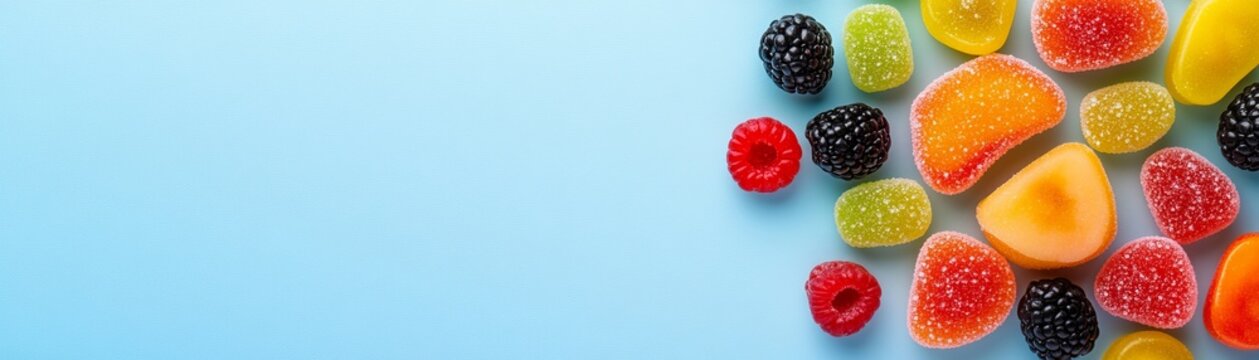 Top-down view Vibrant, sugared fruit jellies, raspberries and blackberries border the right of a light blue textured background. Sweet treats with ample copy space. Candy, Gummy