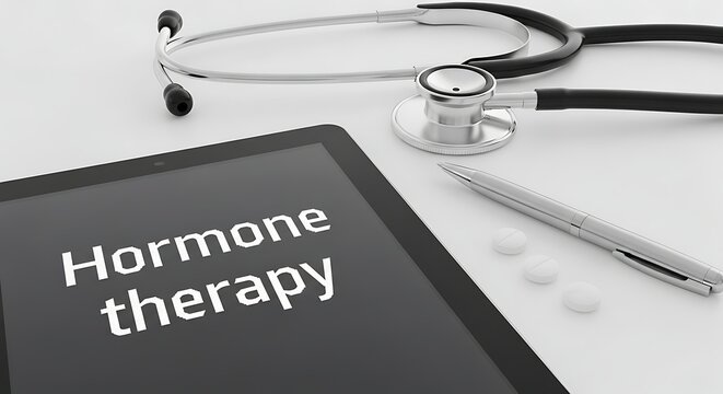 Modern digital tablet displaying the words hormone therapy next to a professional medical stethoscope and a silver pen with small white medicinal pills resting on a clean white clinical desk.