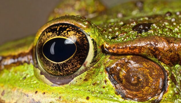 Close Up Green Frog Eye Glinting on Wet Textured Skin