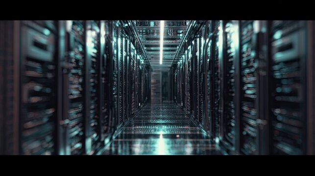 Server racks filling a long narrow corridor in a data center, creating an immersive perspective of interconnected computing technology and digital infrastructure
